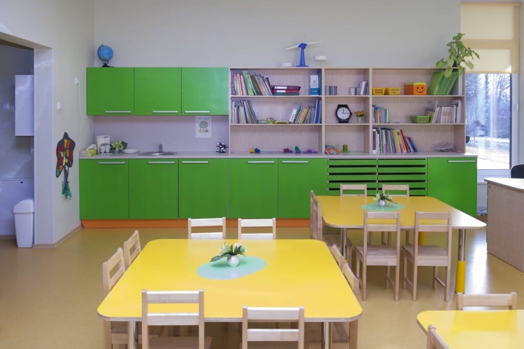 Empty kindergarten classroom with storage in the background